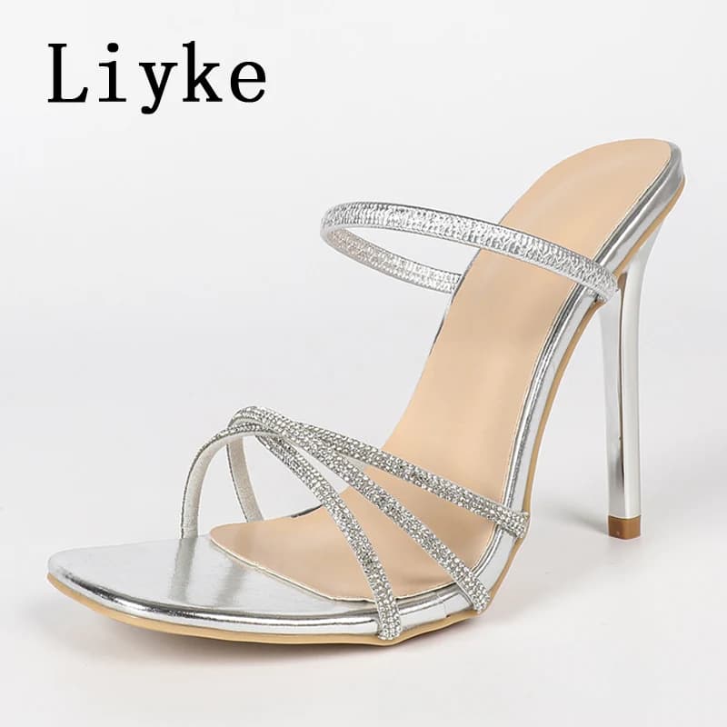 Liyke Sexy Silver Crystal Women Slippers High Heels Summer Fashion Narrow Band Open Toe Slides Stripper Party Dress Sandal Mule