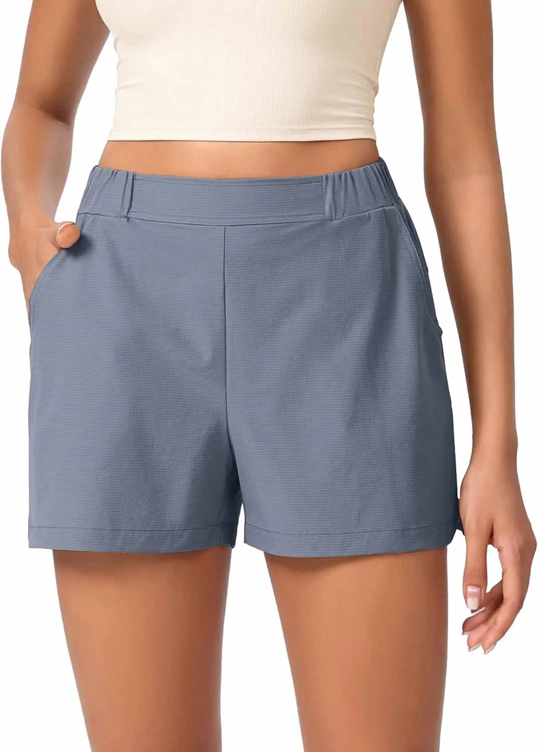 Pantaloncini Elasticizzati da Donna, Vita Alta, Leggeri, Casual, con Tasche, per l'Estate