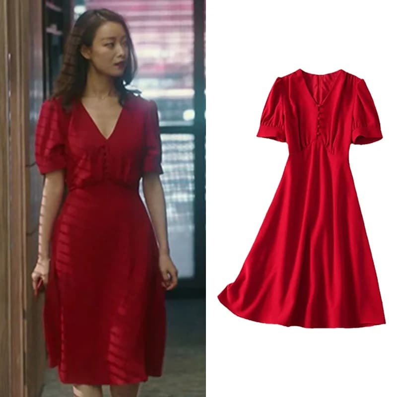 Exjr Abito rosso estivo con scollo a V, gonna lunga, maniche a palloncino, vita alta, materiale in seta, abito a trapezio, stile elegante, abbigliamento da donna
