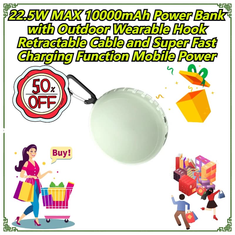 22.5W MAX 10000mAh Power Bank with Outdoor Wearable Hook Retractable Cable and Super Fast Charging Function Mobile Power