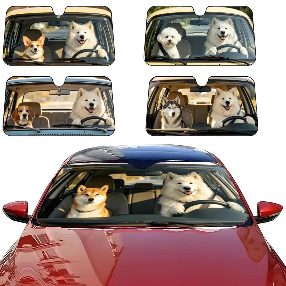 Parasole per auto con motivo Samoyed che guida una macchina, parasole per parabrezza, parasole per protezione solare, regali originali per auto.
