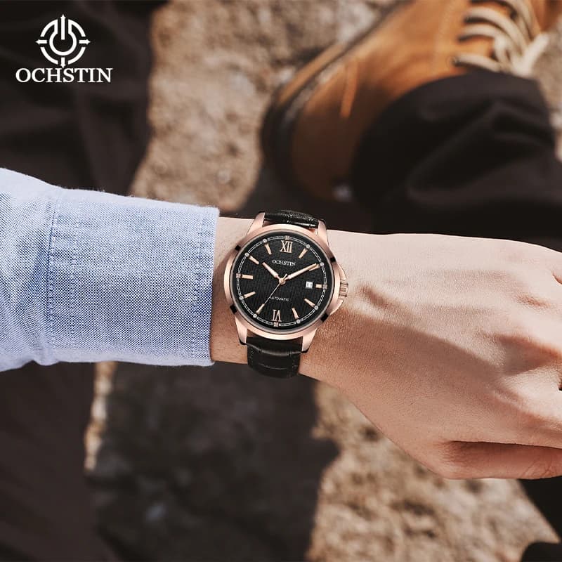 OCHSTIN 30M Waterproof New Automatic Mechanical Movement Watches Men‘s Fashion Business Genuine Leather Strap Wristwatch