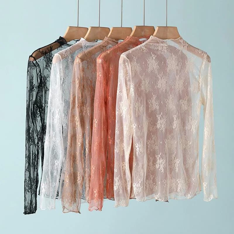 Women's T-shirt Sexy in Network Clear Lace Blouse Long sleeves See through top for woman Shirt touching bottom veiled T-shirts Short top for body