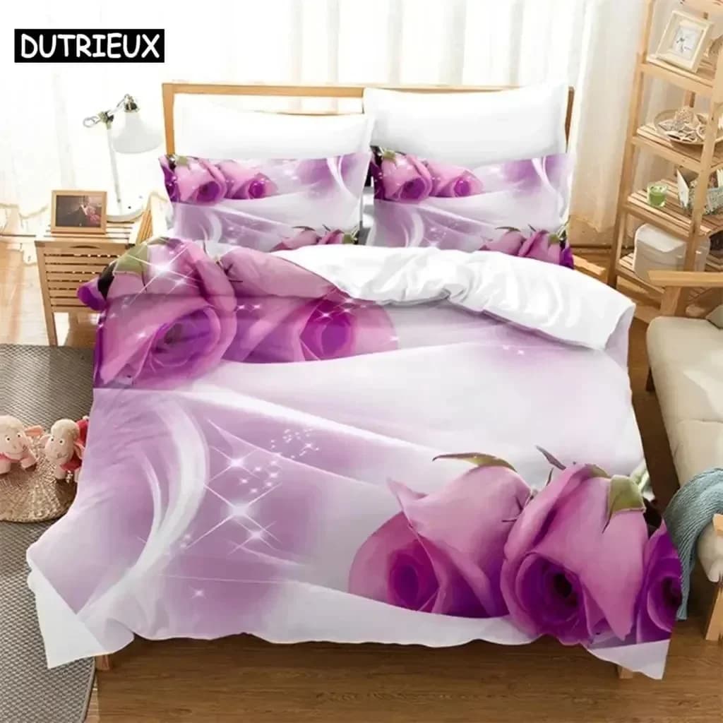 Luxury new print 3D flower purple comfortable duvet cover pillow set bed linen decoration bedroom for children textiles for home
