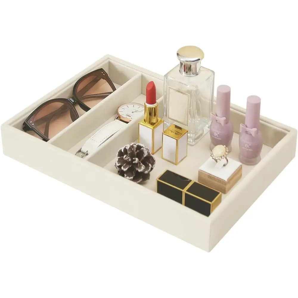 Beige 3 Grid Multi-Use Bedside Catchall Tray Nightstand Desktop Organizer For Jewelry Sunglasses Phone Watch Perfume Lipstick