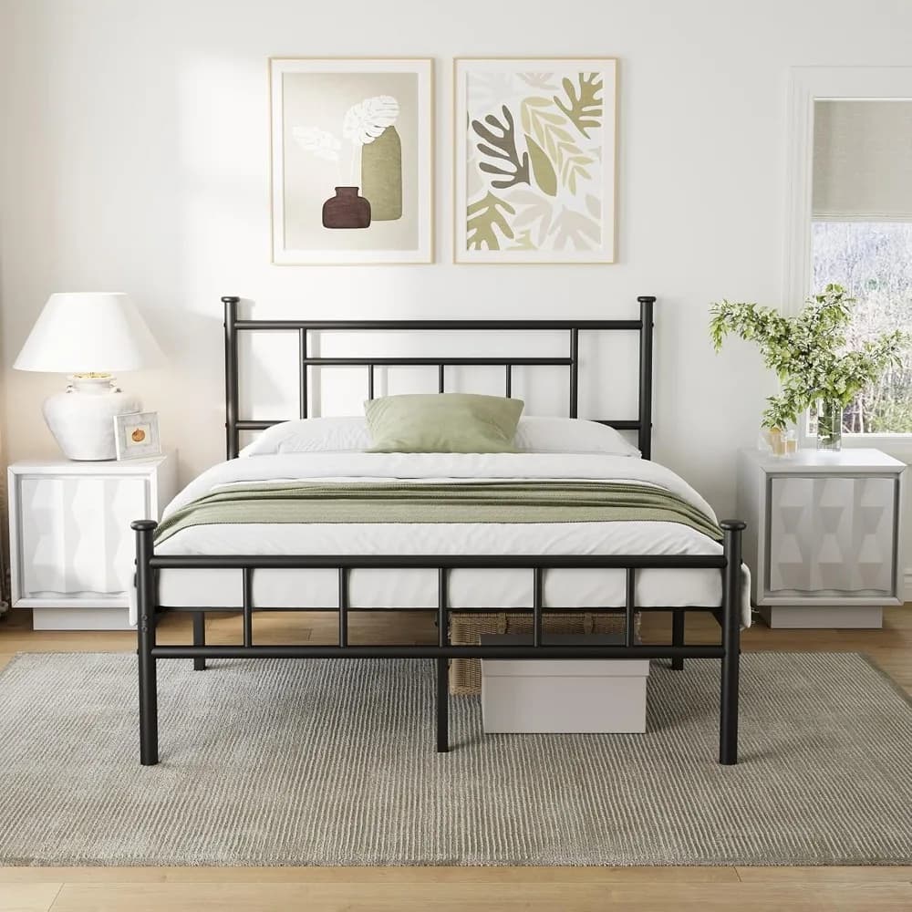 Life-size bed frame with 14 inch high headboard and footboard with spacious container under the bed, without need of springs, robust