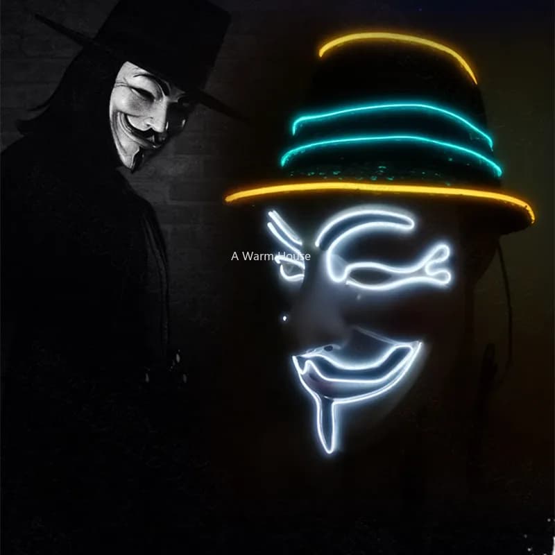 Mask at Neon V for Vendetta Mascara Led Guy Fawkes masked masks for parties Mascara Halloween glowing Masker Light Maska scary