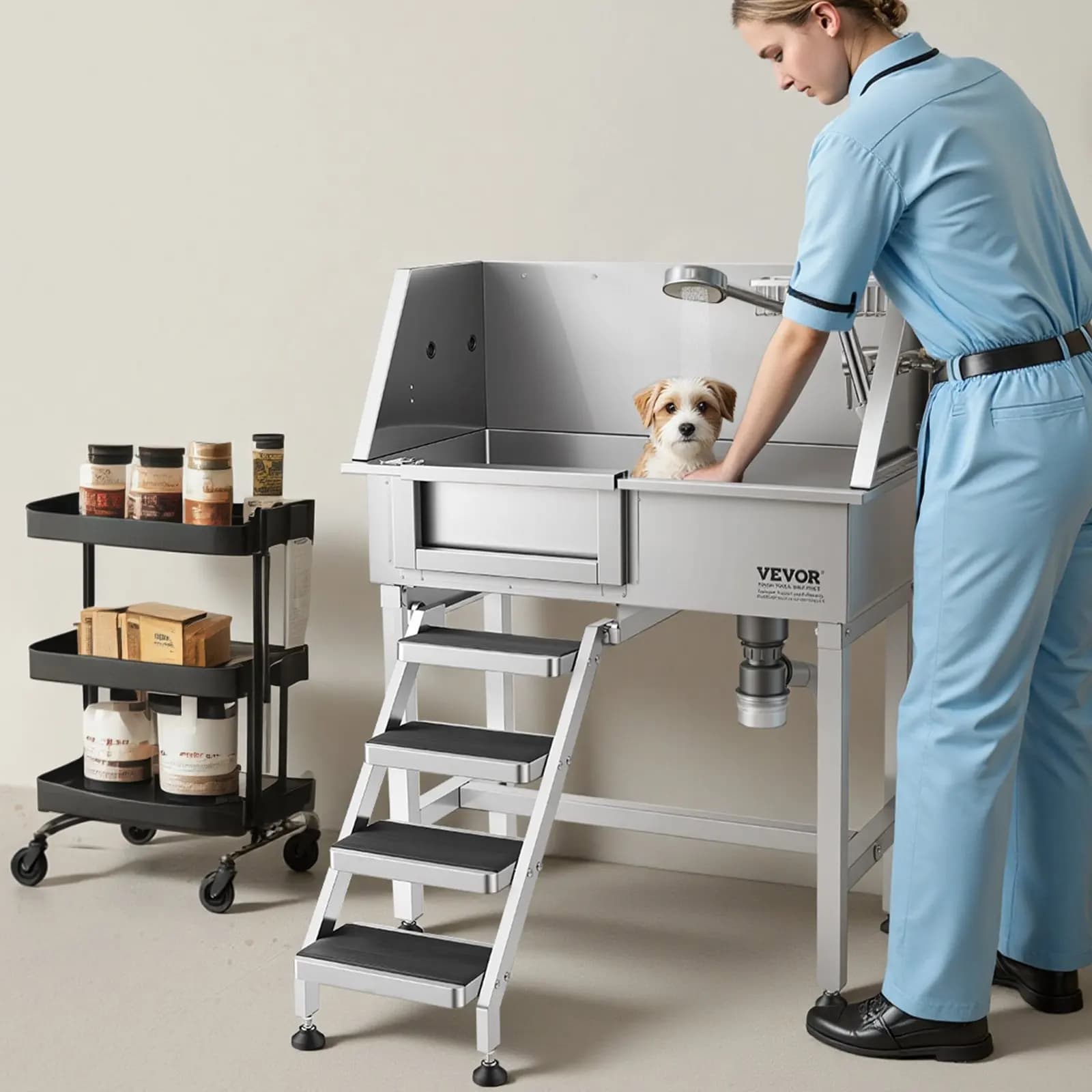 Stazione di Lavaggio per Cani da 34 Pollici, Vasca in Acciaio Inox per Toelettatura, Lavello Professionale per Cani con Doccia, Rubinetto, Portasapone