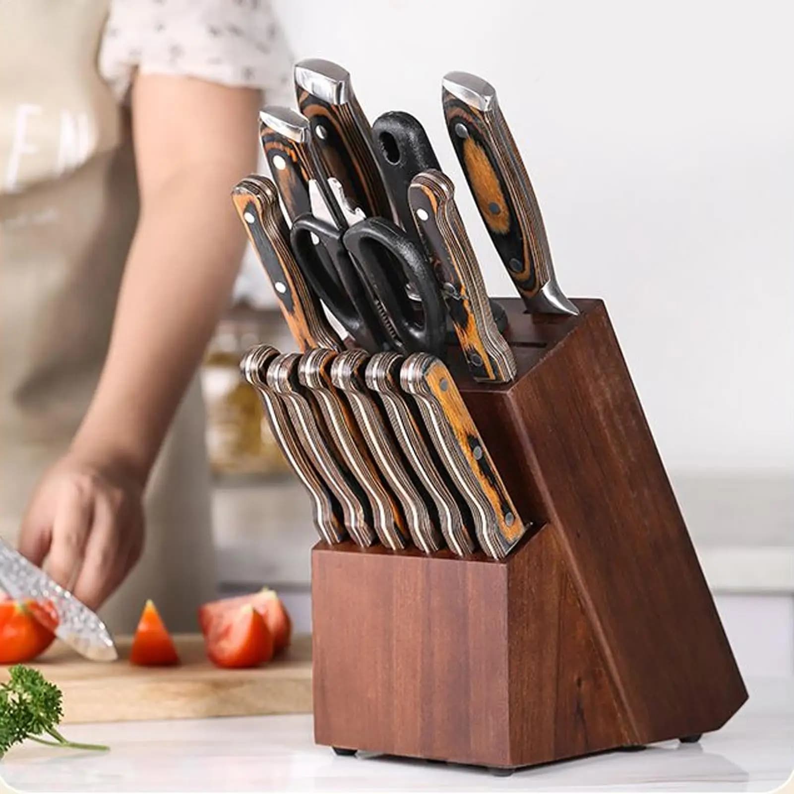 Portacoltelli da Cucina in Legno a 14 Scomparti, Organizzatore da Appoggio per Forbici e Affilacoltelli, per Casa e Cucina
