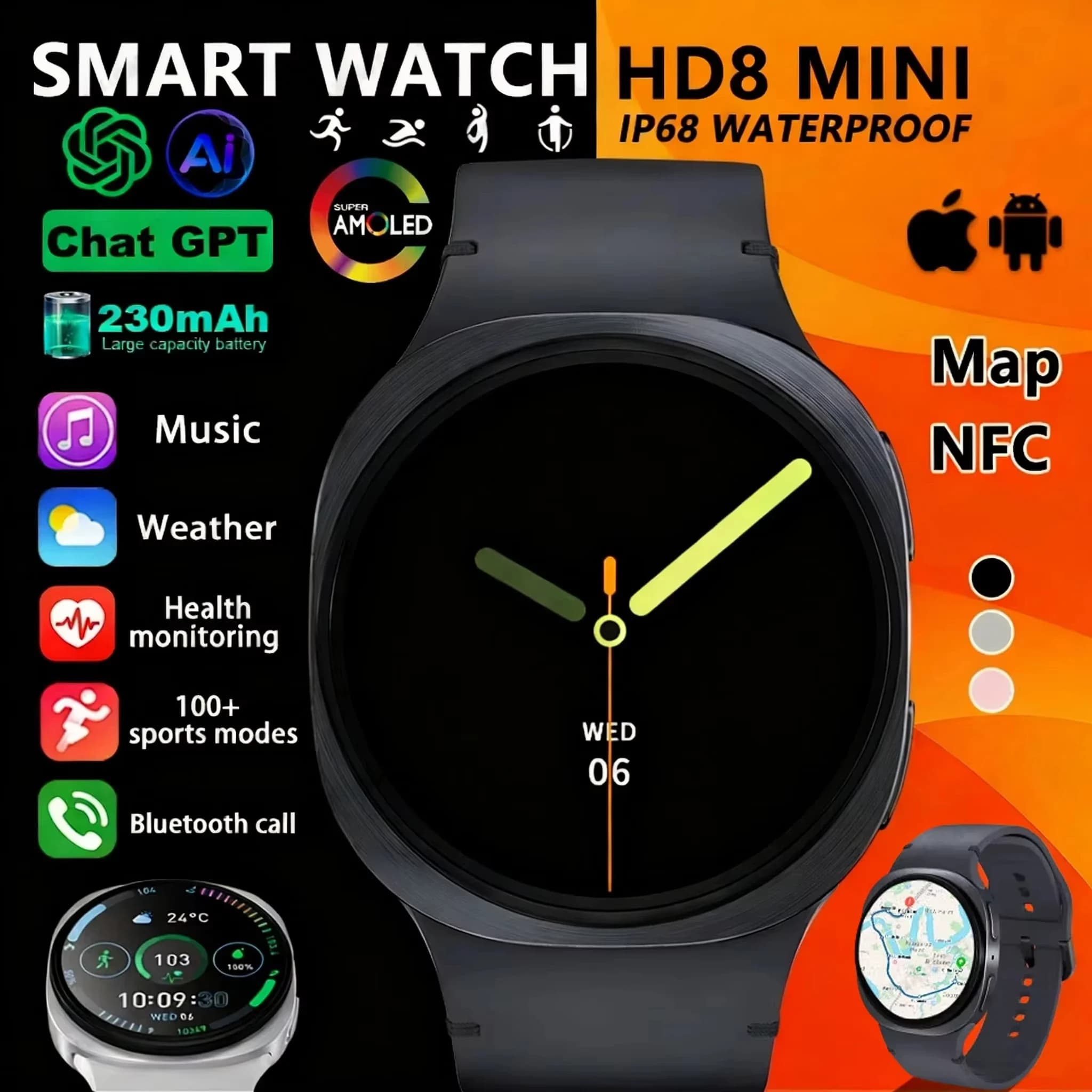 Localizzatore GPS Nuovo Sport Frequenza cardiaca Chiamata Bluetooth 8 Mini Orologi impermeabili per uomo Donna Bussola NFC Smartwatch 2026 Orologio Nuovo