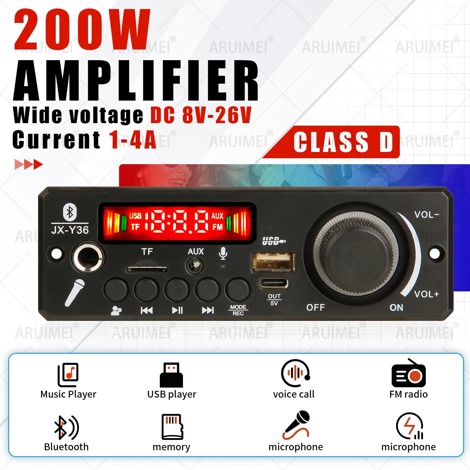 ARUIMEI 200W Amplificatore Scheda di decodifica Bluetooth Microfono fai da te Radio FM TF USB Car Audio Lettore musicale Altoparlanti Controllo del volume