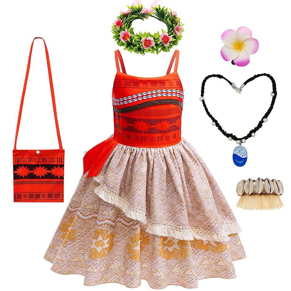 Costume da Principessa Moana, Vestito Senza Maniche Vaiana, Abbigliamento per Feste di Compleanno e Halloween per Bambini, Outfit per Carnevale
