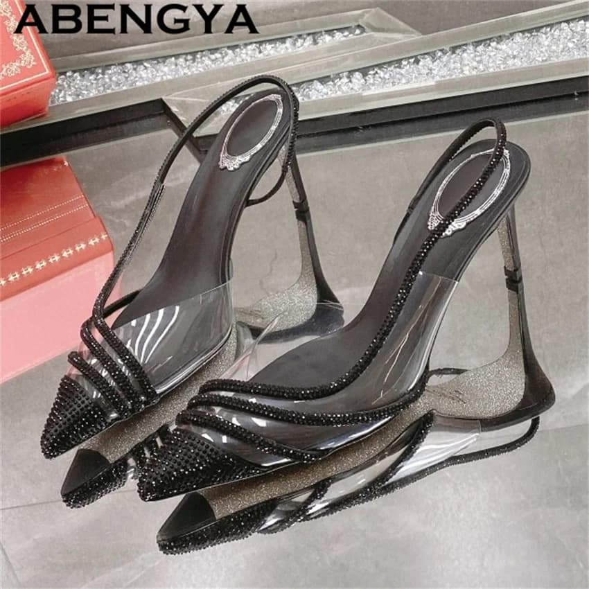 Sandali con tacco alto in PVC con intarsio di cristallo Sandali da donna con abito da sposa da sposa Scarpe da donna estive sexy con punta a punta Sandali gladiatore de Mujer