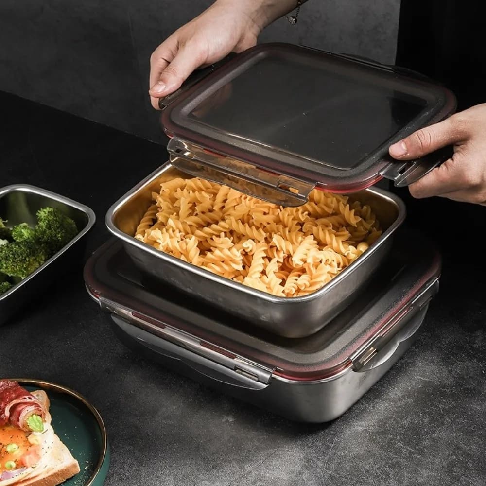 Contenitore per Alimenti in Acciaio Inox con Coperchio Ermetico, Scatola Quadrata per Preparazione Pasti, Contenitore Sigillato per Mantenere la Freschezza, Lunch Box per Studenti e Lavoratori