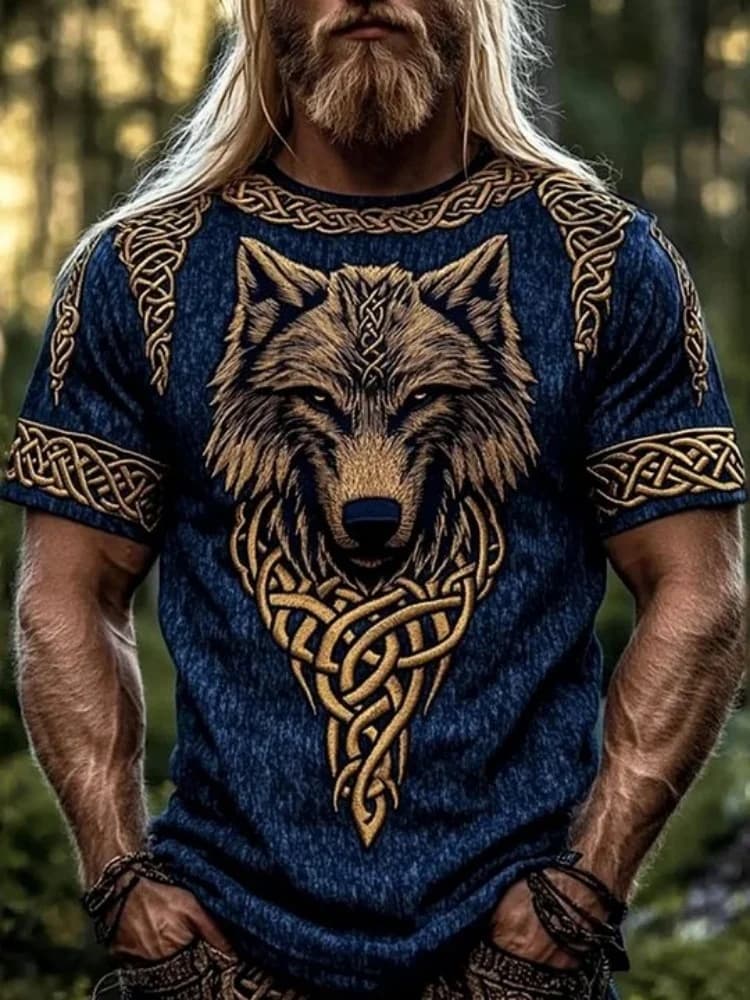 T-shirt da uomo per il tempo libero all'aperto con stampa 3D di un motivo a forma di lupo in stile tribale, manica corta, top girocollo per fitness e sport