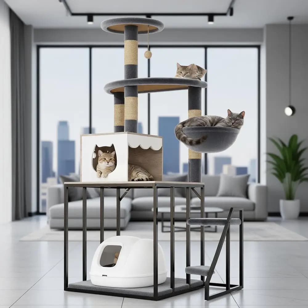 Torre per gatti grigia multilivello con posatoio, mobili comodi e lettiera autopulente alta 67,3
