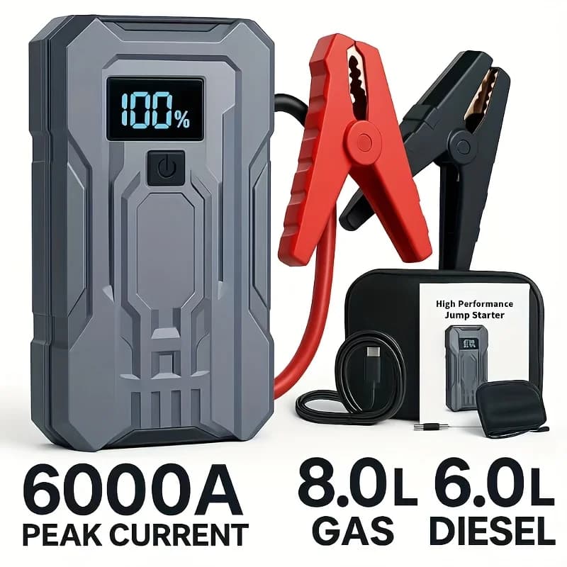 Jump Starter Power Pack 6000A Heavy Duty Car Battery Booster 12V Portable Jump Starter For 2.11gal Gas 1.59gal Diesel Engines With QC30 USB Fast Charging LED Flashlight Safe Jumper Cables Arrancador De Bateria Para Auto