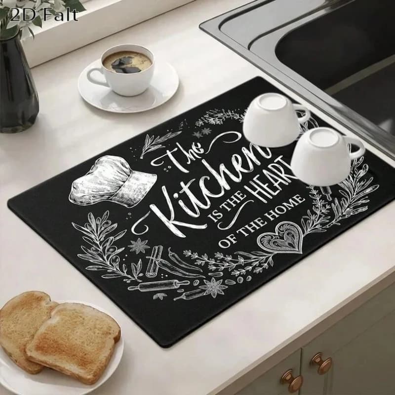 Black Chef Hat Kitchen Quote Drying Mat Water Absorbent Non Slip Coffee Maker Countertop Mat
