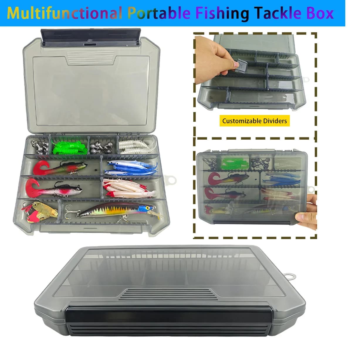 Portable ABS Fishing Tackle Box with Customizable Dividers Anti-Yellowing Clear PC Lid Impact Resistant Lure Storage Organizer B