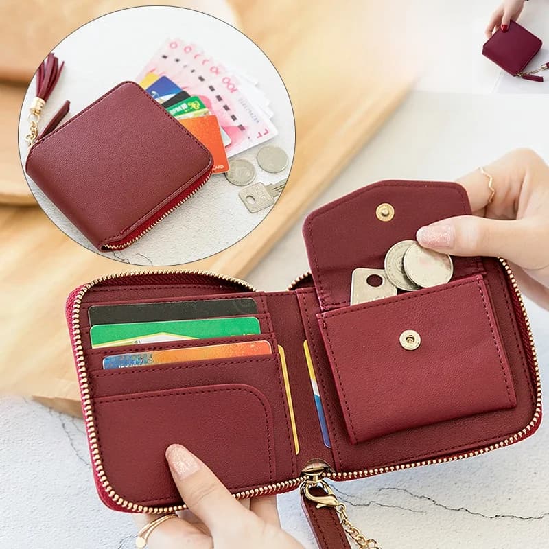 Nuovo Portafoglio Compatto Quadrato da Donna 2025 con Cerniera, Stile Coreano, Portamonete Corto con Nappa, Design Semplice, Articoli in Pelle