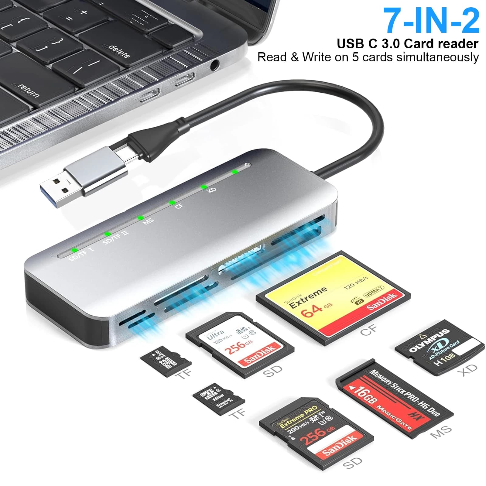 Lettore di schede multimediale 7 in 1 Lettore di schede SD USB C USB per SD TF CF XD MS SD, per PC Plug and Play