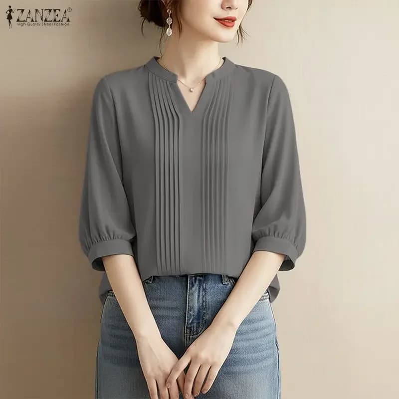 2026 ZANZEA Primavera Shirts Women's V-neck Sleeve 3/4 Shirts Office Casual Shirts Solid Color Folded T-shirts Women's Mujer Blusas