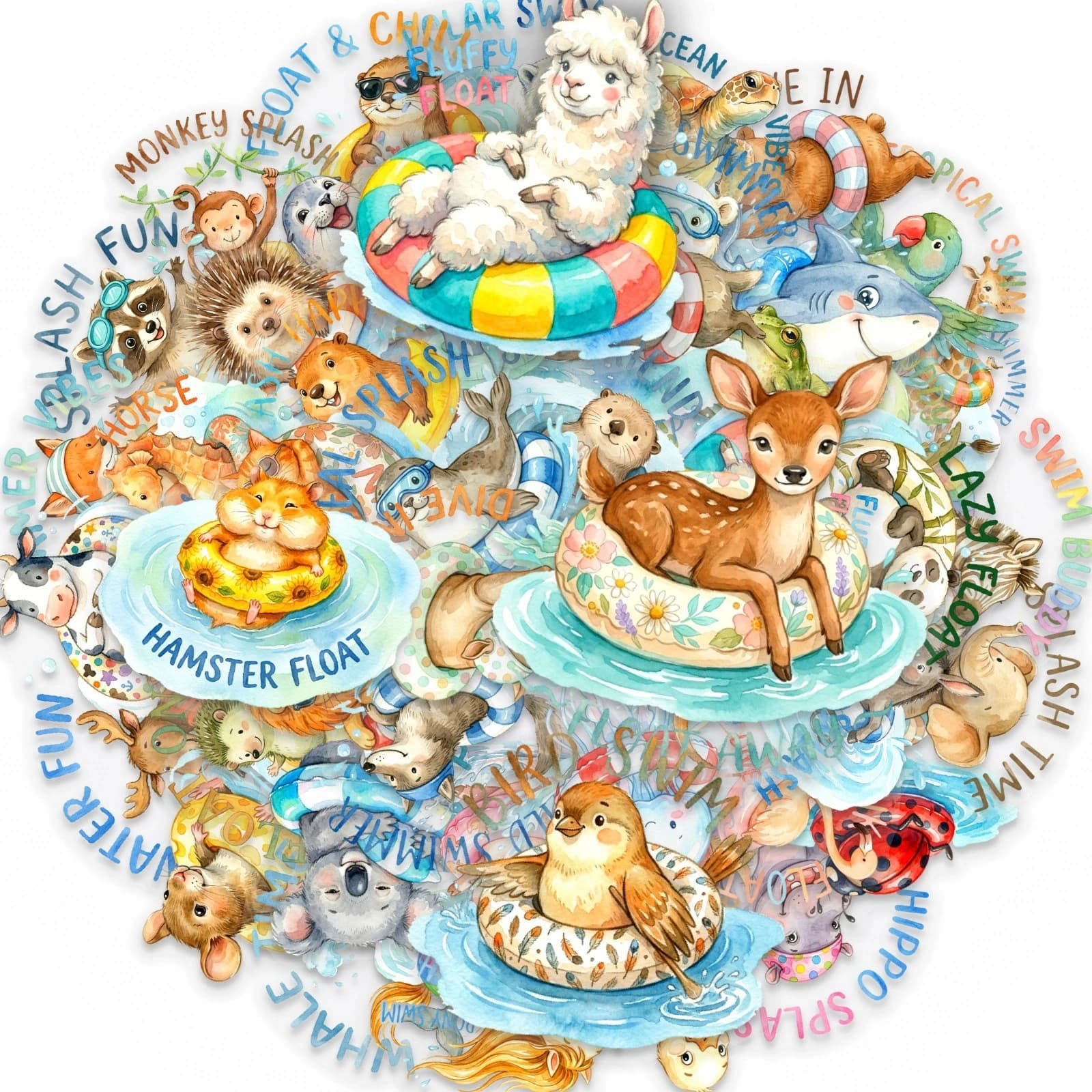 50/100PCS Cartoon Animal Swimming Watercolor Stickers Handbooks DIY Decorative Stationery Notebook Room Stickers