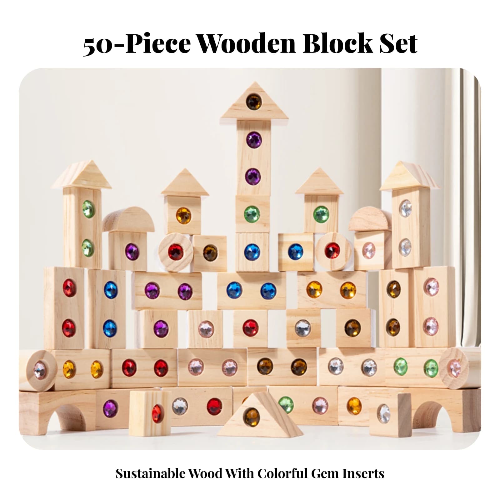 50 Pieces Wooden Blocks with Jewels Sensory Geometric Building Set Toy Colorful for Children, Playroom, Classroom