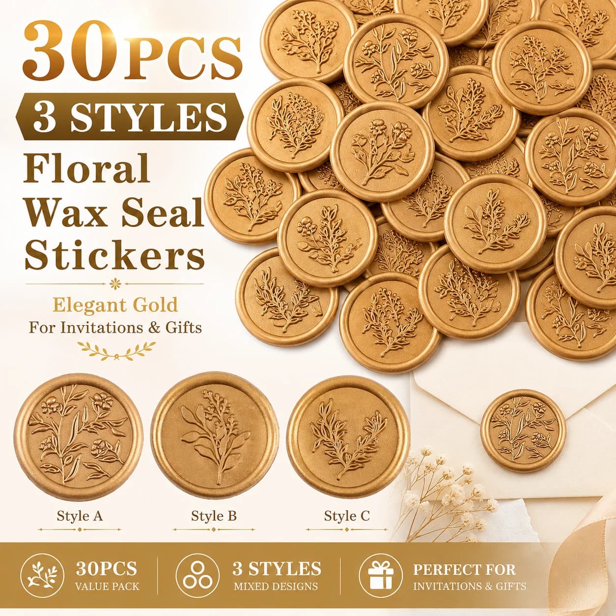 30PCS Gold Floral Wax Seal Stickers, 3 Styles Vintage Botanical Self-Adhesive Wax Seals for Wedding Invitations, Envelopes, Gift