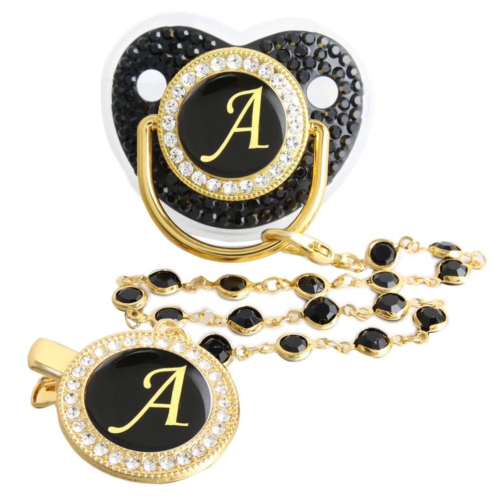 26 lettere Bling ciuccio nero per bambini con Clip per gemme a catena con perline di gemme/giocattolo per massaggiagengive