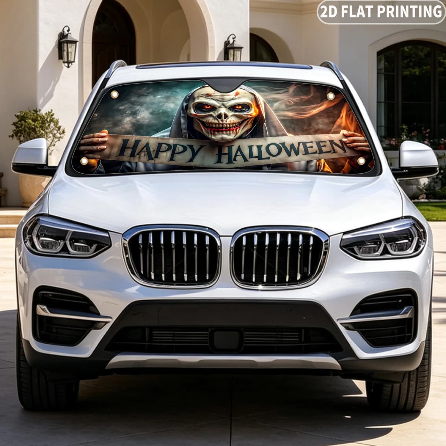 1pc Universal Car Windshield Sunshade, With Happy Halloween Skull Banner Print 2D FLAT Printing Design, Sunshade With 4 Suctions