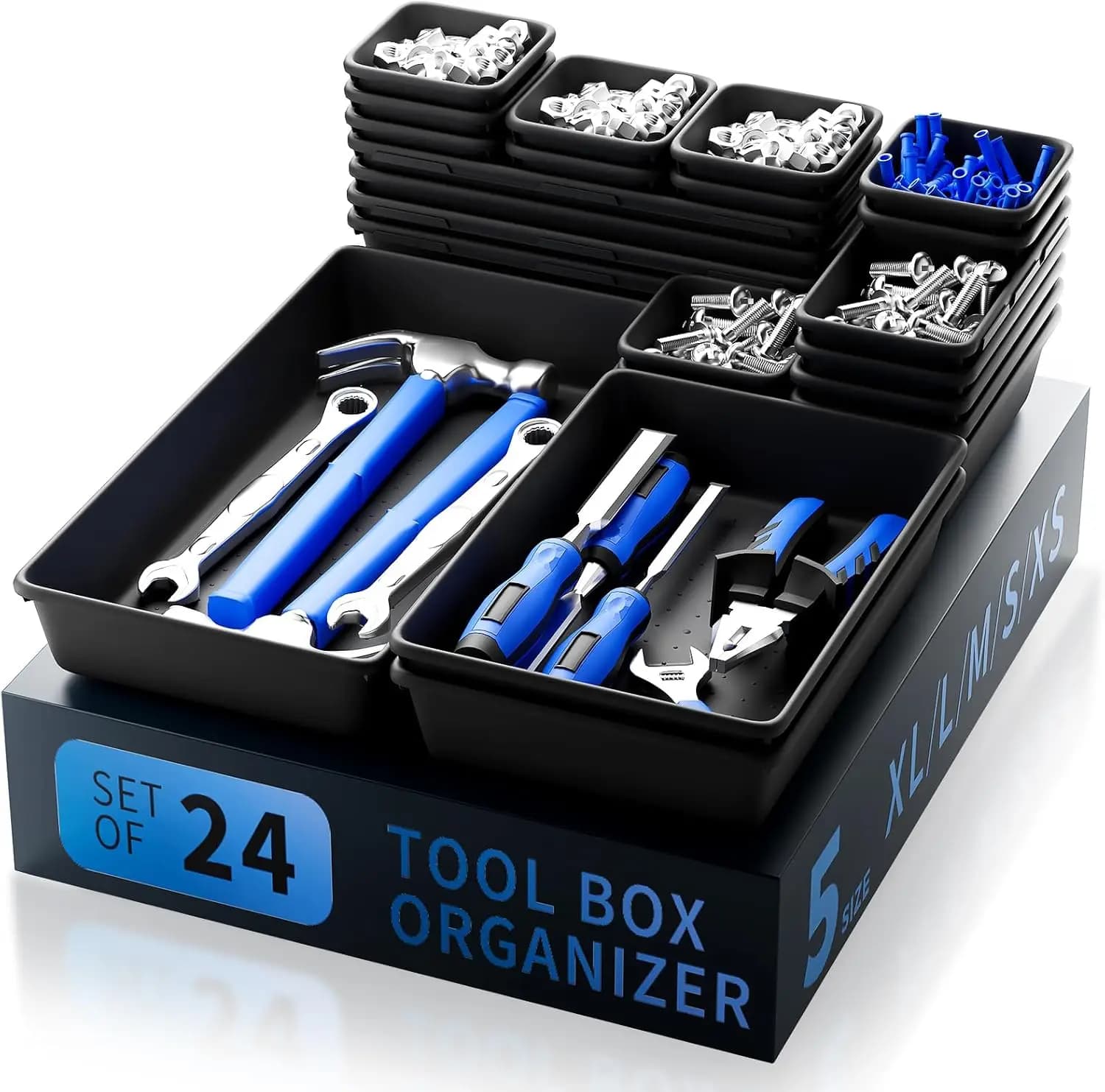 Set di 24 Organizzatori per Cassetti Portautensili - Inserti Modulari in 5 Misure per Cassettiere, Officina, Scrivania