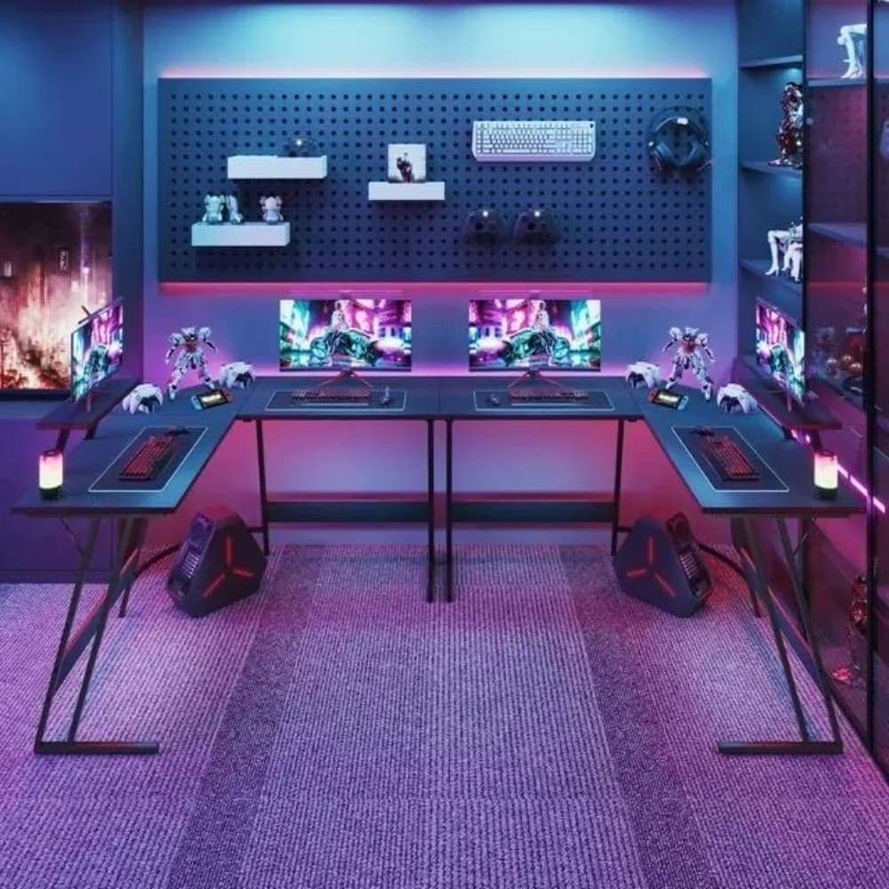 L Shaped Gaming Desk, 47 Inch Computer Table with Large Monitor Stand & Carbon iber Surace or Home Oice Study Writing Workstatio