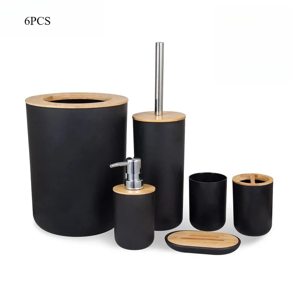 For Toothbrush Cup Holder 6Pcs/Set Soap Dispenser Box Toilet Brush Lotion Bottle Trash Can Bamboo Plastic Bathroom Storage Set