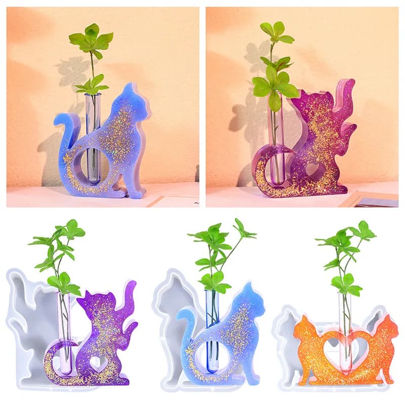 Stampi in resina a forma di gatto Vaso Stampo in resina epossidica siliconica per stazione di piante Tubi per vasi per colata in resina per piante idroponiche Fiori