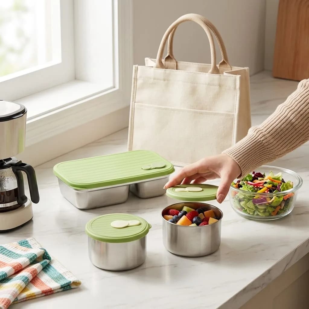 Contenitore per Pranzo in Acciaio Inox 304 Adatto al Microonde, Set Bento Box per Adulti e Bambini, Contenitori per Conservazione Alimenti, Accessori da Cucina