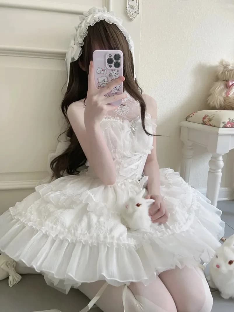 Nuovo giapponese gotico Lolita principessa donna Kawaii volant in pizzo fiocco fasciatura sottile partito 2025 ragazze Y2k elegante mini abito carino