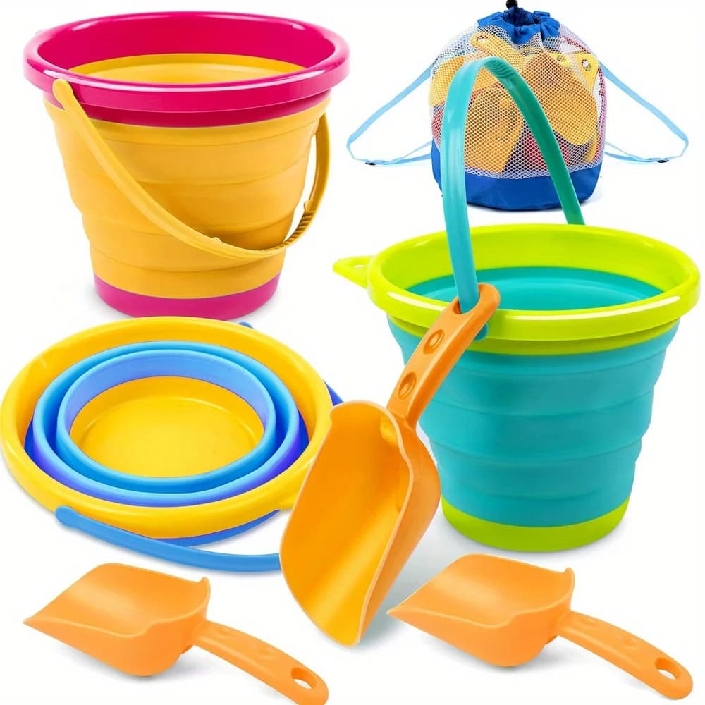 JOYFY Set di 3 Secchi Pieghevoli con Palette e Borsa a Rete, Secchi Pieghevoli Multiuso per Spiaggia, Campeggio, Feste in Spiaggia, Pesca