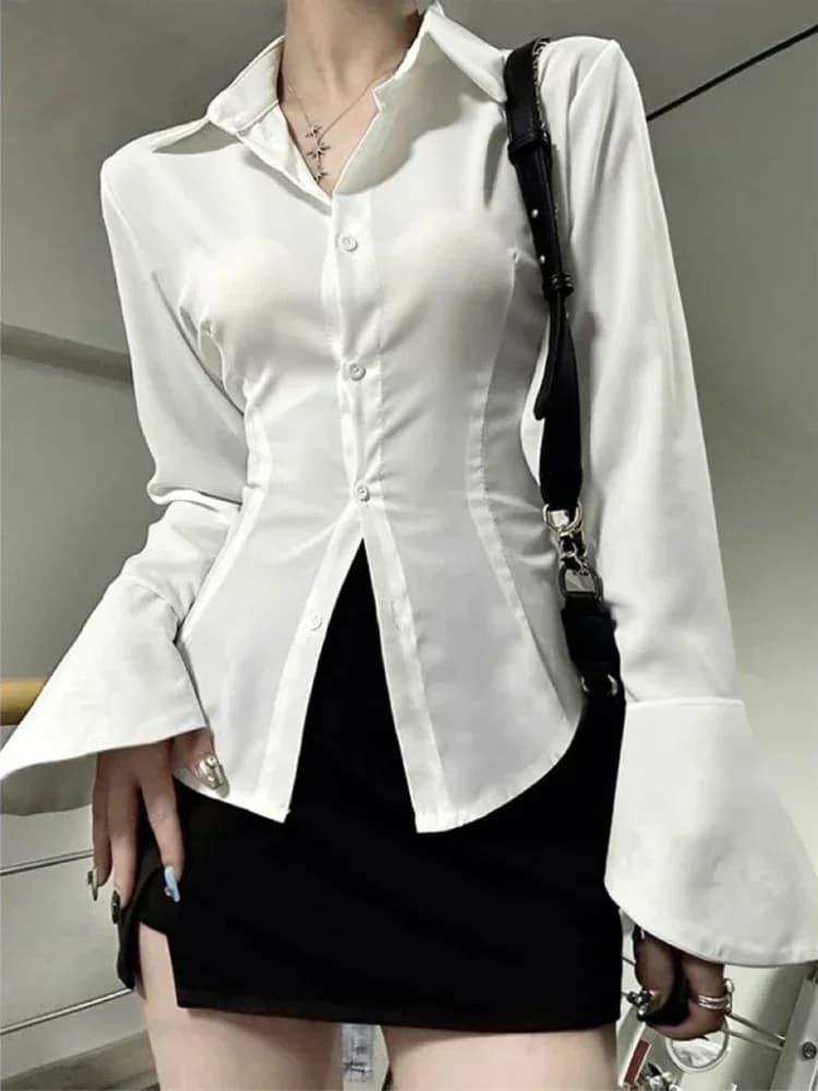 Nuova Camicia Donna Primavera Estate Sexy Slim con Maniche Svasate, Colletto a Risvolto, Monopetto e Laccetti Posteriori - Tunica Blusa Femminile