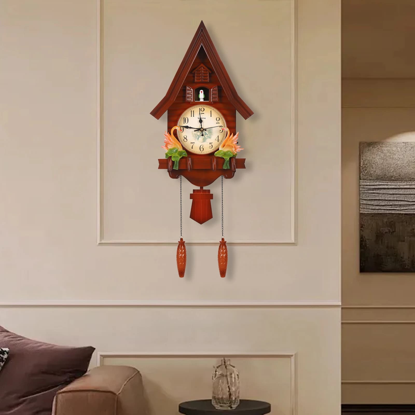 Creative wall clock for living room furniture Decorative wall clock in reddish brown plastic for interior silent battery watch