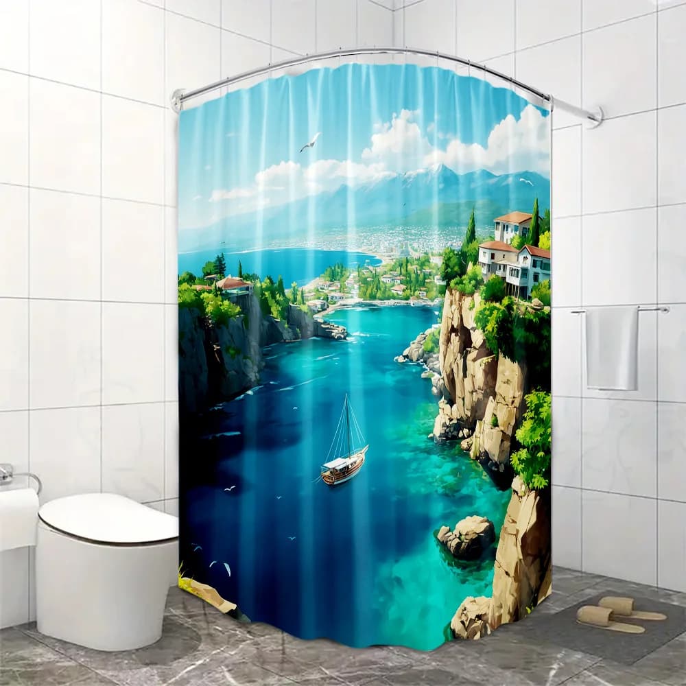 Tenda da doccia per bagno costiera da 1 pezzo - Scena di barca da mare all'oceano extra large da 70x70 pollici con acque turchesi
