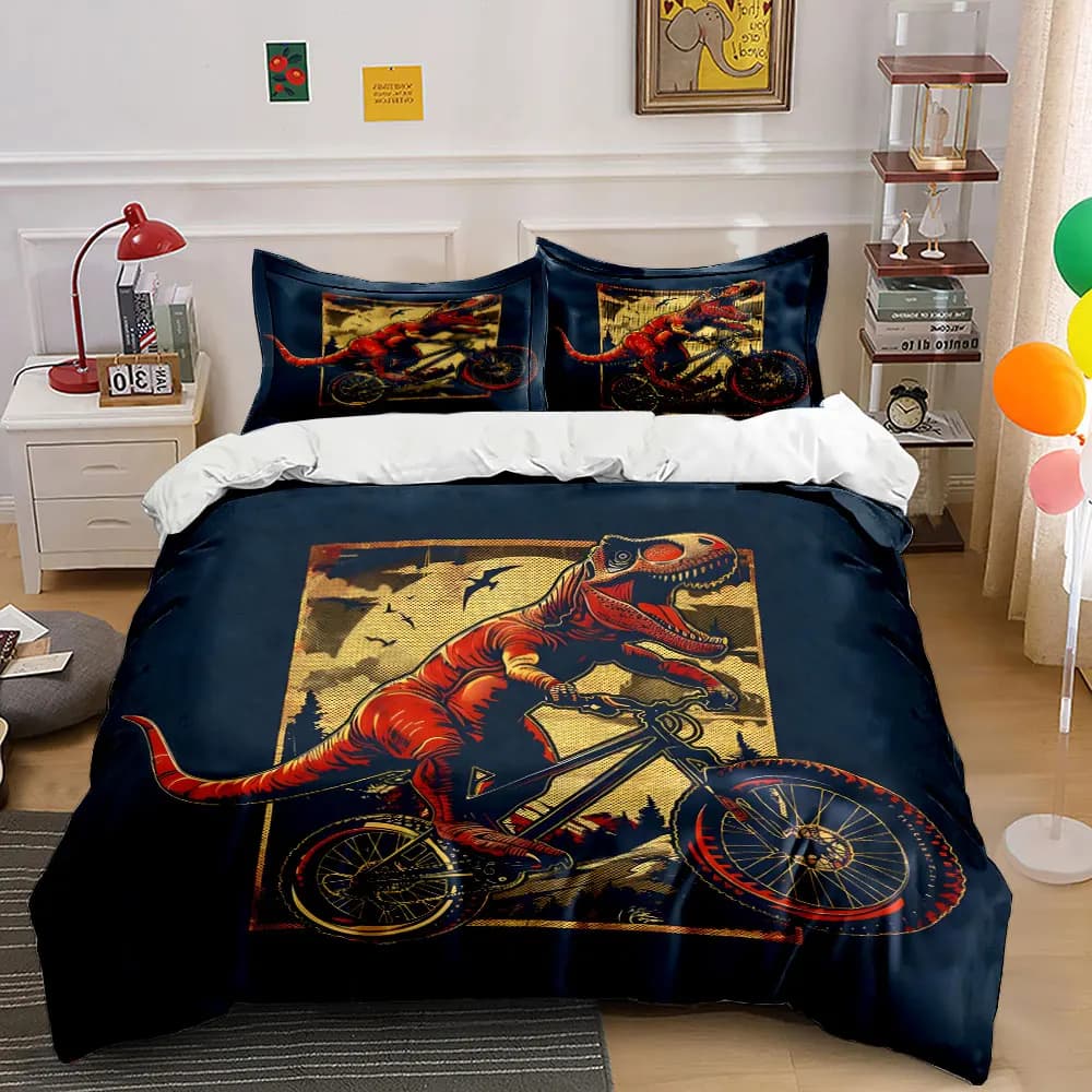 3pcs T-Rex Riding a Mountain Bike Duvet Cover Set with 3D Printing Design Soft Polyester Bedding Set All-Season Comfort