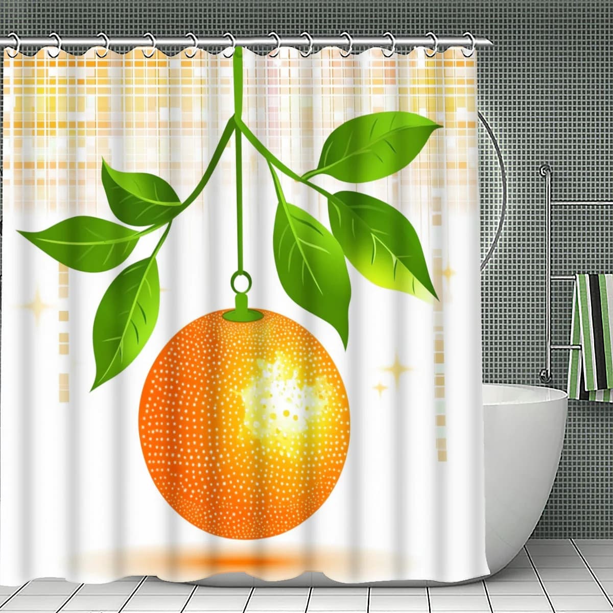 Tenda da doccia Fresh Orange con stampa di frutta e foglie, motivo a quadri gialli, decorazione luminosa per cucina e bagno, tenda impermeabile per vasca da bagno