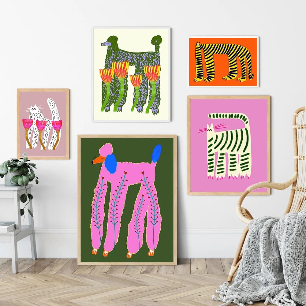 Barboncino e piante Stampa artistica Calma Tigre Gatto a strisce Poster Decorazioni per la casa Cane Illustrazione astratta Soggiorno Casa Regalo di riscaldamento