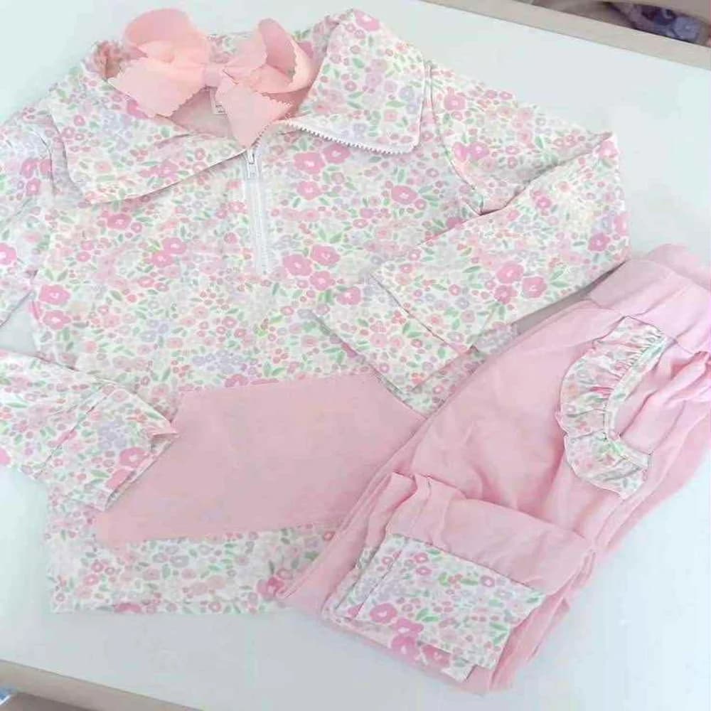 Set di leggings pullover con zip e tasca floreale rosa per neonata Top con stampa floreale primaverile con pantaloni elastici in vita con cerniera per neonati