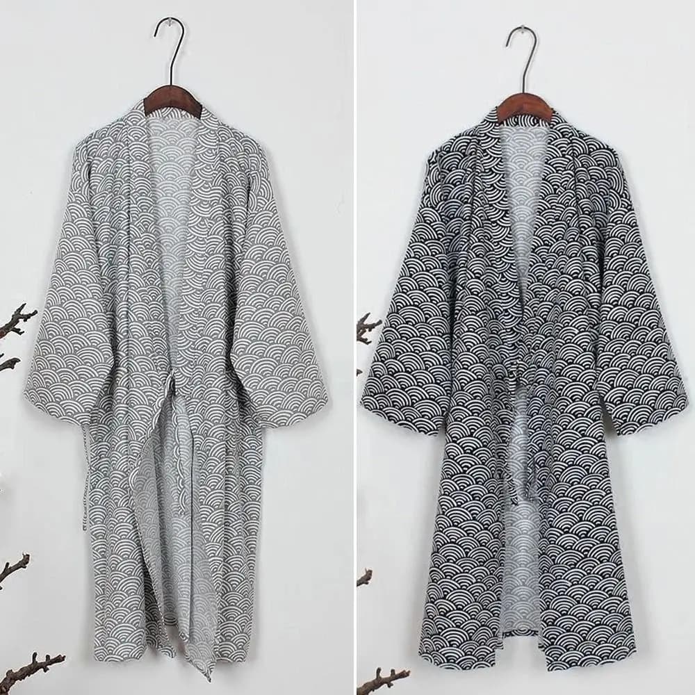 Camicia da notte con scollo a V Kimono da uomo Accappatoio Sciolto a maniche lunghe Kimono Pigiama Stampa sottile Abito con cappuccio da uomo per Spa