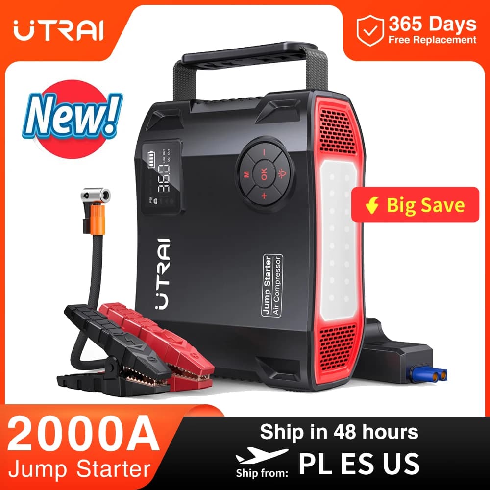 UTRAI 4 In 1 2000A Jump Starter Power Bank 16000mAh 150PSI Compressore d'aria Pompa per pneumatici Caricatore portatile Dispositivo di avviamento per auto Booster