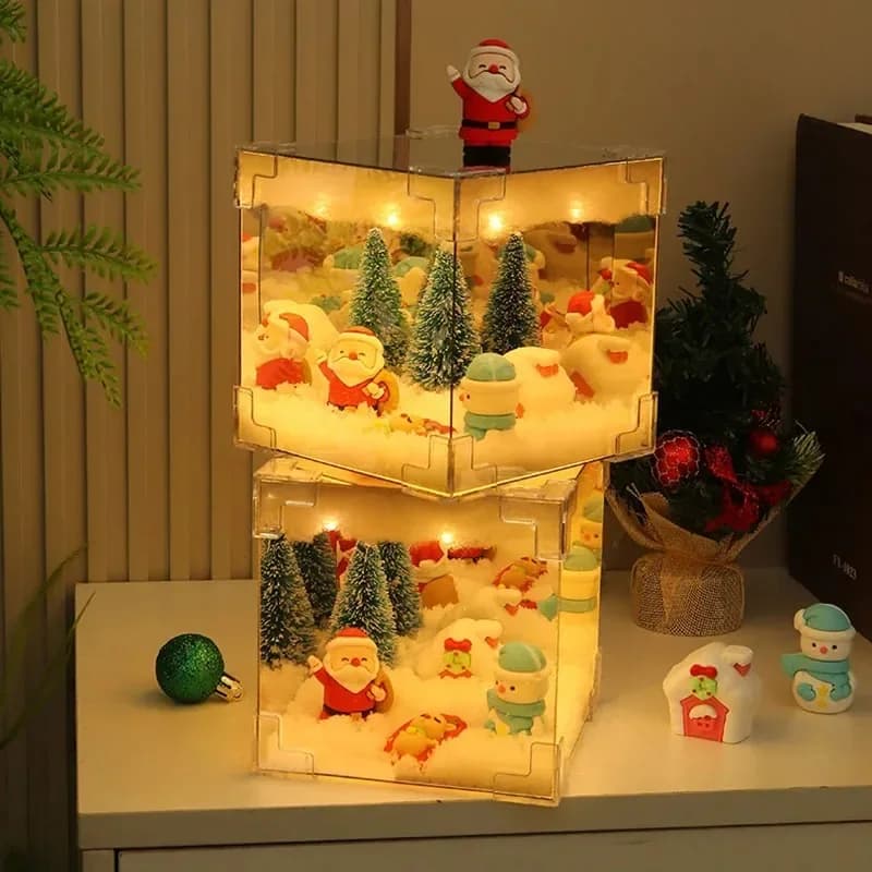 Holiday Table Lamp DIY Christmas Snow Scene Box with Santa Trees, USB Powered Warm White LED Ornament for Desk Shelf Gift