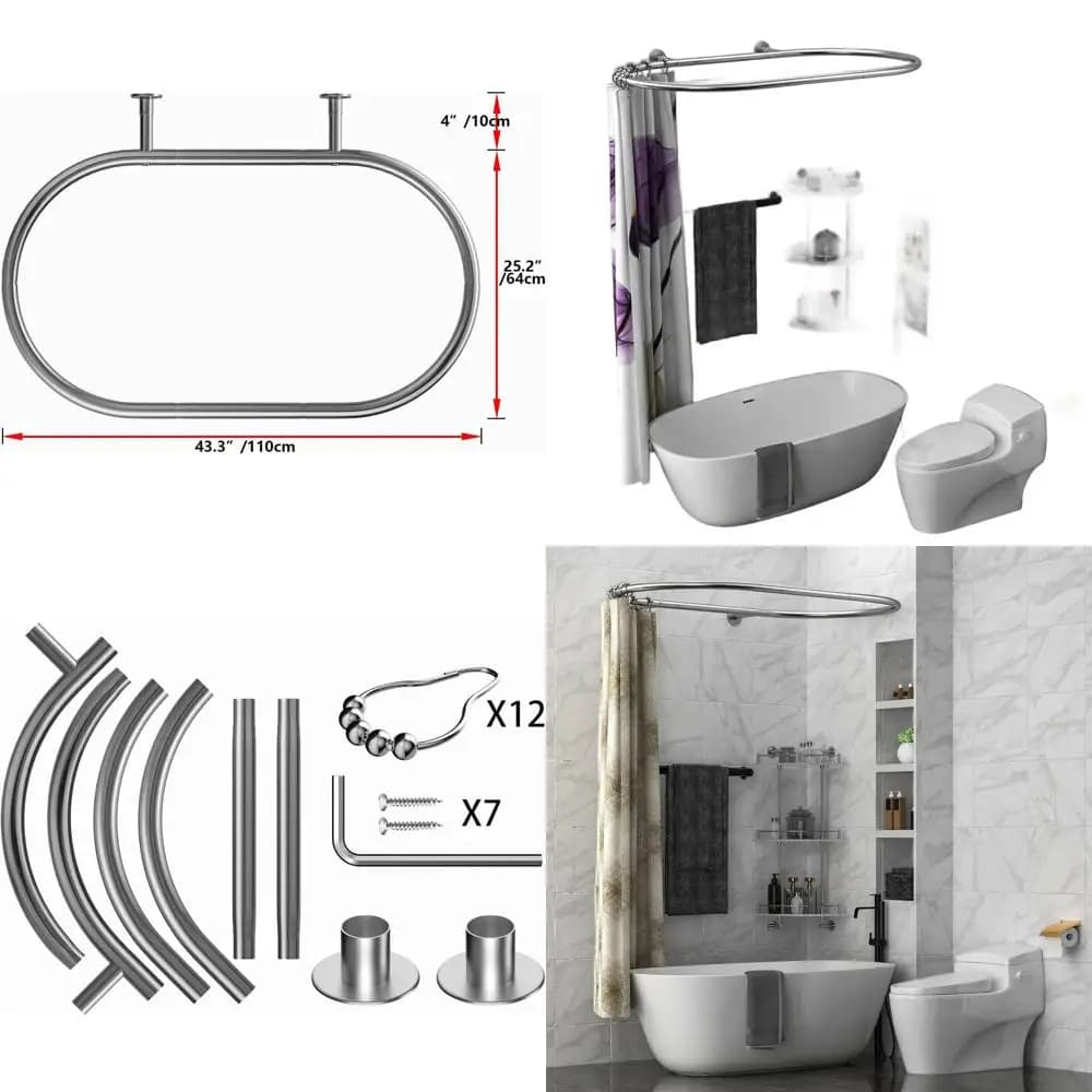 Oval Shower Tent Rod, Square Ring for Bath, Bathtub with Feet, Length 43,3 cm, Width 25 cm, Silver