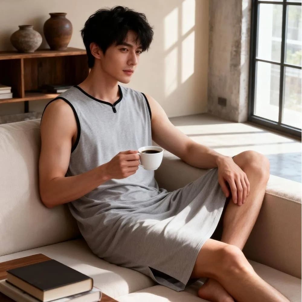 Casual Knee-Length Men's Sleeping Dress Elastic Soft Modal Pajamas Sleeveless Oversized Bathrobe Summer